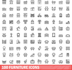 Sticker - 100 furniture icons set. Outline illustration of 100 furniture icons vector set isolated on white background