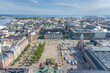 Bus and Train Station in Helsinki, Finland. Ateneum is an art museum in Helsinki in Background. Drone Point of View.