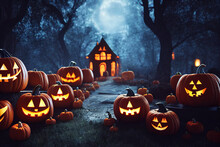 Carved Halloween Pumpkins And Haunted House In Forest