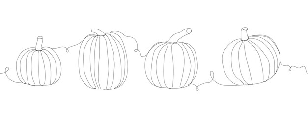 Wall Mural - Single continuous line drawing of whole big round healthy organic pumpkins. Fresh fall fruitage concept for fruit garden icon. Modern one line draw design vector illustration. Seamless border