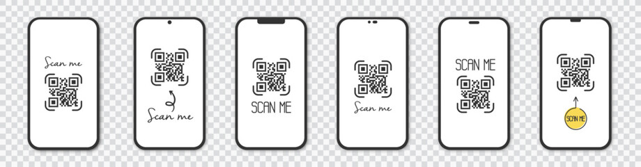 Wall Mural - set realistic smartphone with qr code scanner. scan me.