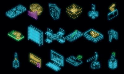 Canvas Print - Cryptocurrency icons set. Isometric set of cryptocurrency vector icons neon color on black