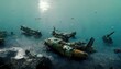 This is a 3D illustration of Truk Lagoon, A eroded fleet of underwater fighter planes.