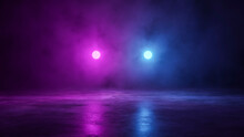 Two Bright Neon Glowing Spheres In Thick Smoke Over The Concrete Surface, Futuristic World. Landscape Background With Illumination Objects For Banners, Posters. 3d Rendering Modern Design.