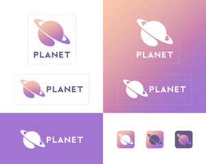 Planet logo. Saturn planet emblem. Sphere with ring. Identity, corporate style, app button set.