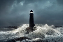 Lighthouse By The Ocean, Stormy Sky, Crashing Waves
