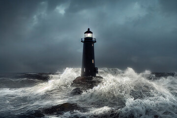 lighthouse by the ocean, stormy sky, crashing waves