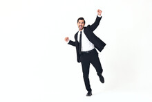 Man Business Smile With Teeth In Costume Running And Jumping Up Open Mouth Happiness And Surprise Full-length On White Isolated Background Copy Place 
