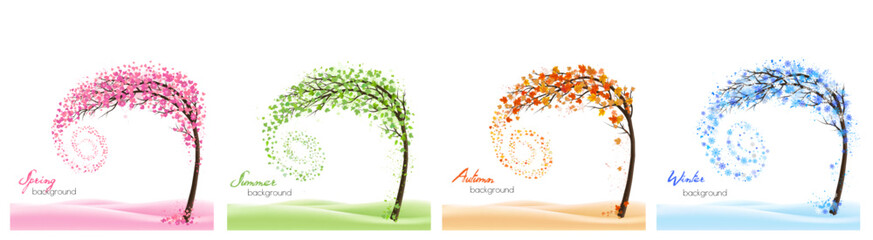 Poster - Nature Four stylized trees representing different seasons spring, summer, autumn, winter. Vector.
