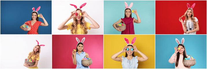 Sticker - Collage photos of young women wearing bunny ears headbands on different color backgrounds, banner design. Happy Easter