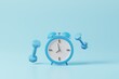 Minimal blue dumbbell and alarm clock on blue background. Weight training activity, bodybuilding, daily gym, fitness, dieting for health, muscular building time to exercise concept. 3d rendering