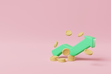 Increasing growth arrow with money coins on pink background. Investment profit, earnings concept. 3d rendering