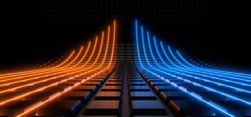 Wall Mural - sci fy neon lamps in a dark corridor. reflections on the floor and walls. 3d rendering image.