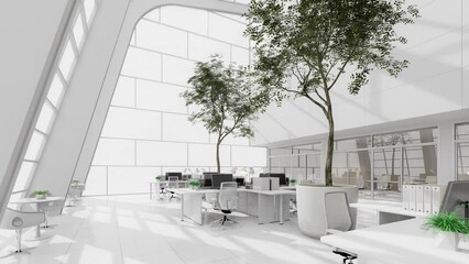 Wall Mural - Animation of minimal style modren white high and open workplace 3d render The room is comfortable and bright with natural light from many windows furnished with black and white furniture