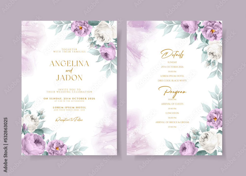 Beautiful floral wedding invitation template set with purple roses and ...