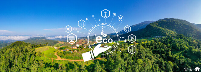 Environmental protection, ecology concept horizontal banner. Morning time of rice farm landscape on Pa bong piang terraced rice fields background.