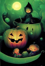 Halloween Abstract Children's Illustration With Spooky Cauldron