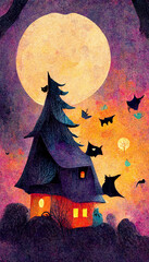 Wall Mural - Halloween abstract children's illustration with spooky cottage