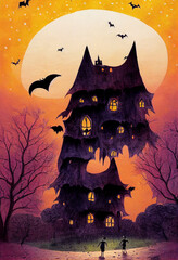 Wall Mural - Halloween abstract children's illustration with spooky trees