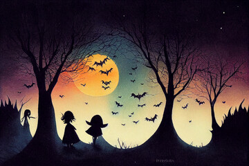 Wall Mural - Halloween abstract children's illustration with spooky trees