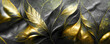 Leinwandbild Motiv Spectacular realistic detailed veins and half black and gold abstract close-up, leaf covered with gold dust. Digital 3D illustration. Macro artwork.