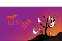 Purple Happy Halloween 2022 Greeting Card Design With Dead Tree Shilhouette On Hill And Ghost Decoration
