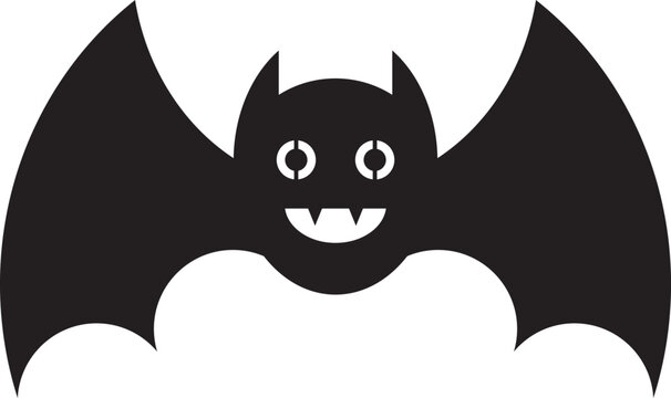 Halloween bat with smile face icon, isolated white background. Vector illustration night animals. EPS black bat icon. Cut template silhouette & circut outline vector design, shape. Icona pipistrello.