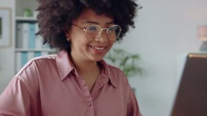 Wall Mural - creative business black woman with glasses and laptop happy with work seo data results, project prog
