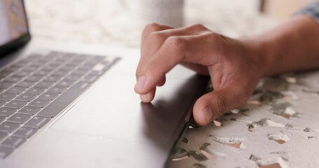 Canvas Print - Laptop planning, hands working and man doing web design on internet, coding website on the web and reading email on computer in home at table. Remote entrepreneur doing seo analytics on pc at desk