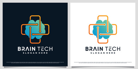 Wall Mural - Brain technology logo design illustration for connectivity with line art and dot style concept