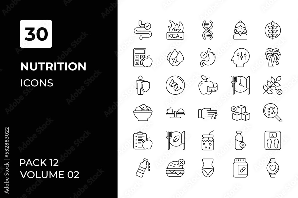 Nutrition icons collection. Set vector line with elements for mobile concepts and web apps. Collection modern icons.