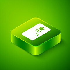 Sticker - Isometric Backstage icon isolated on green background. Door with a star sign. Dressing up for celebrities. Green square button. Vector