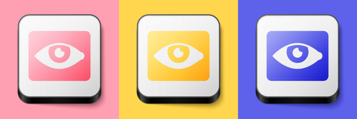 Sticker - Isometric Red eye effect icon isolated on pink, yellow and blue background. Eye redness sign. Inflammatory disease of eyes. Square button. Vector