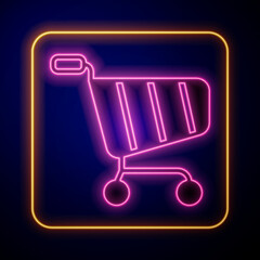 Glowing neon Shopping cart icon isolated on black background. Online buying concept. Delivery service sign. Supermarket basket symbol. Vector