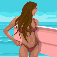 Wall Mural - Surfer girl on the beach, vector illustration