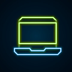 Wall Mural - Glowing neon line Laptop icon isolated on black background. Computer notebook with empty screen sign. Colorful outline concept. Vector