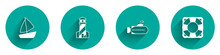 Set Yacht Sailboat, Lighthouse, Submarine And Lifebuoy Icon With Long Shadow. Vector