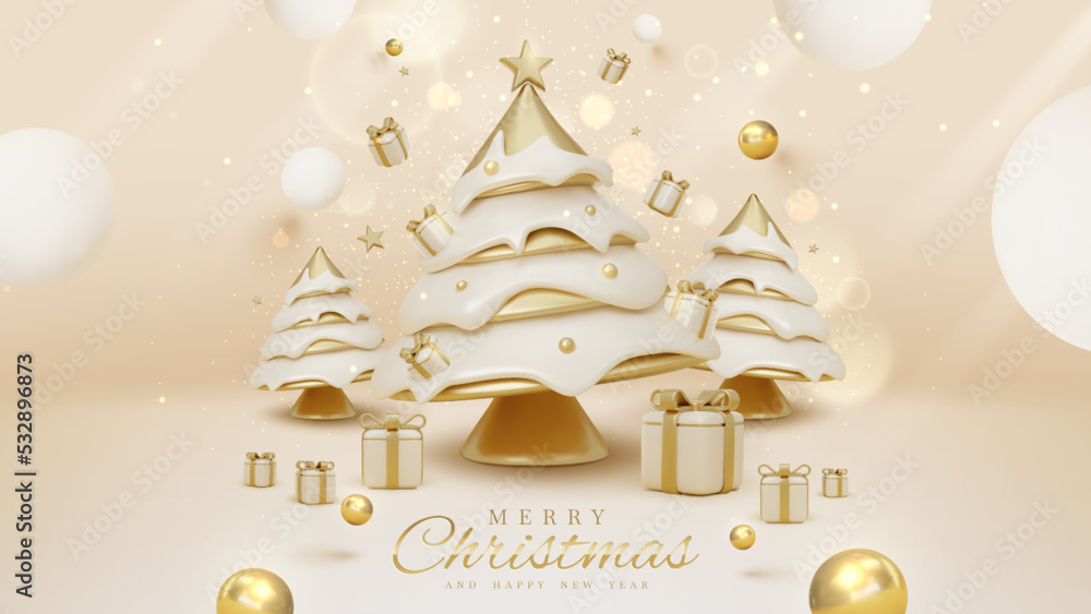 Luxury background and gold christmas tree with ball decoration and gift ...