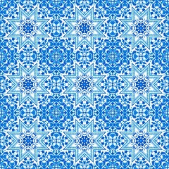  Blue white watercolor azulejos tile background. Seamless coastal geometric floral mosaic effect. Ornamental arabesque all over summer fashion damask repeat