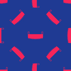 Red Two-handed saw icon isolated seamless pattern on blue background. Vector