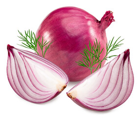 Canvas Print - Red sliced onion with green leaves isolated on white background. clipping path