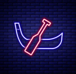 Wall Mural - Glowing neon line Gondola boat italy venice icon isolated on brick wall background. Tourism rowing transport romantic. Colorful outline concept. Vector