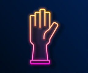 Poster - Glowing neon line Protective gloves icon isolated on black background. Vector