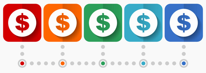 Fototapete - Dollar vector icons, infographic template, set of flat design symbols in 5 color options