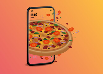 Wall Mural - Vector illustration of pizza mobile online delivery service. mobile for order, pizza icon for transportation. online fast food. pink background