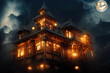 A large victorian house of terror where a full moon shines in the dark and candlelight. Halloween horror house in the dark with horror pumpkin smiling. 3D illustration and fantasy digital painting.