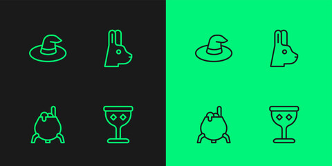 Wall Mural - Set line Medieval goblet, Witch cauldron, hat and Rabbit with ears icon. Vector