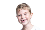 Fototapeta Big Ben - Cute boy without front teeth laughs. Changing teeth and hygiene. Isolated on white background. Close-up.