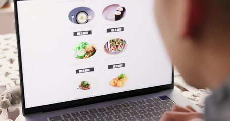 Poster - Website, internet and food delivery with laptop screen and customer search for supermarket, ecommerce and ux design. Online shopping, grocery and digital with man looking at menu web design