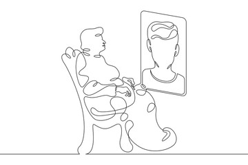 Wall Mural - One continuous line. Retired woman in armchair talking via video link. Mobile phone screen. An old woman in a chair. Communication with relatives. One continuous line is drawn on a white background.